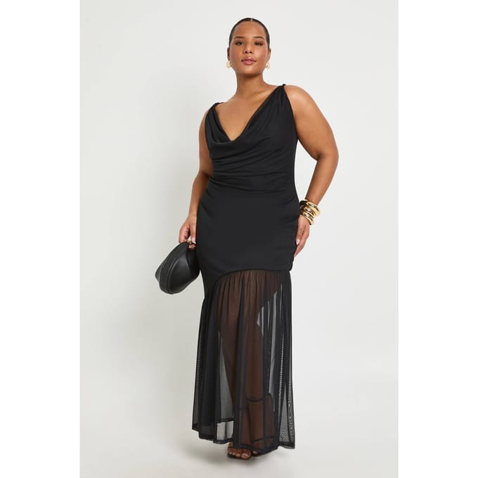 boohoo Dames Plus Cowl Mesh Zoom Midaxi | Black | Maat: 18