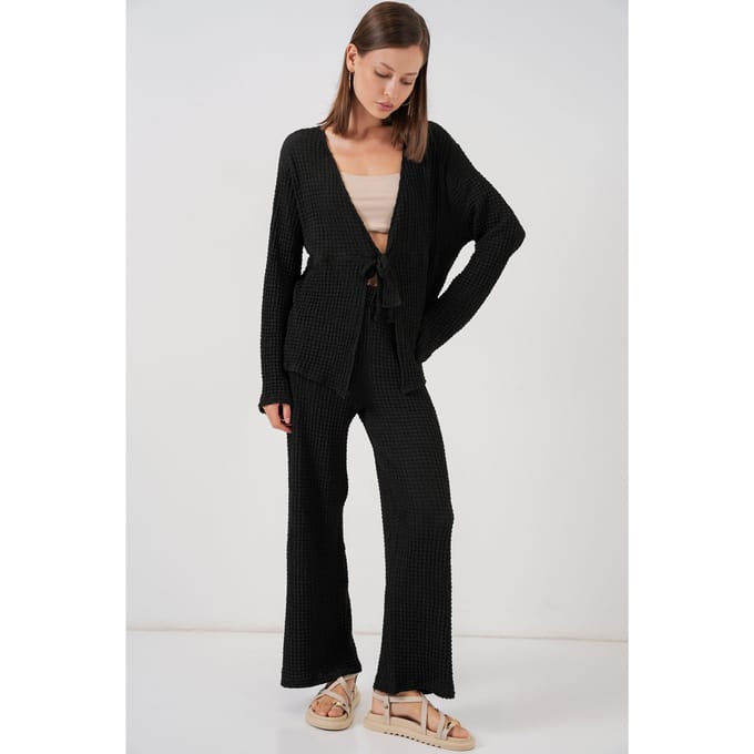 Gestructureerde V-hals Langwerpige Top & Flared Broek Twee-delige Set