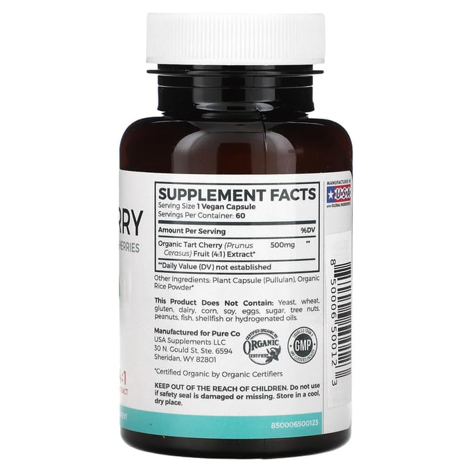 Pure Co., Zure Kers, 500Mg, 60 Plantaardige Capsules