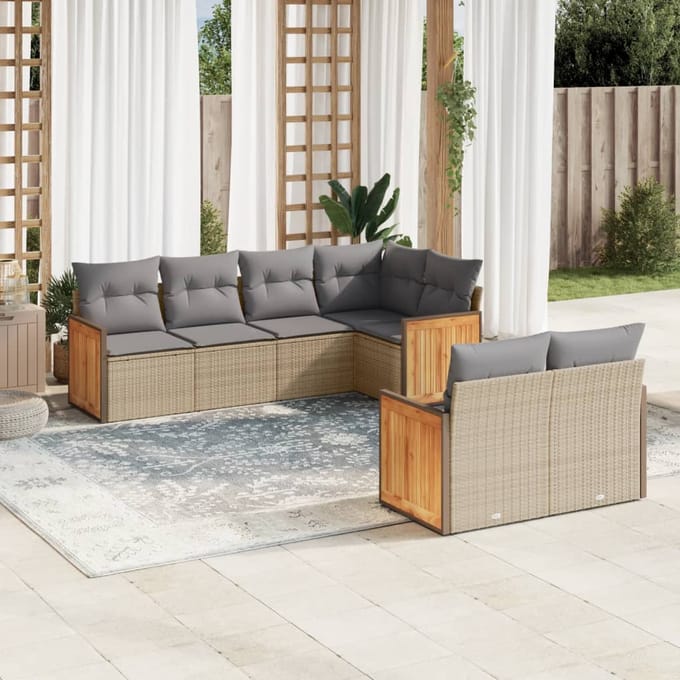 vidaXL - 7-delige - Loungeset - met - kussens - poly - rattan - beige