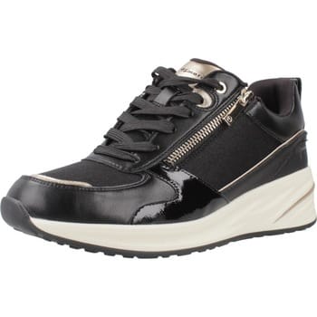 Tamaris dames hardloopschoenen met platformzool, zwart en goudkleurig, met ritssluiting en vetersluiting.