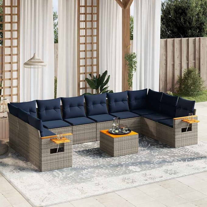 vidaXL - 11-delige - Loungeset - met - kussens - poly - rattan - grijs