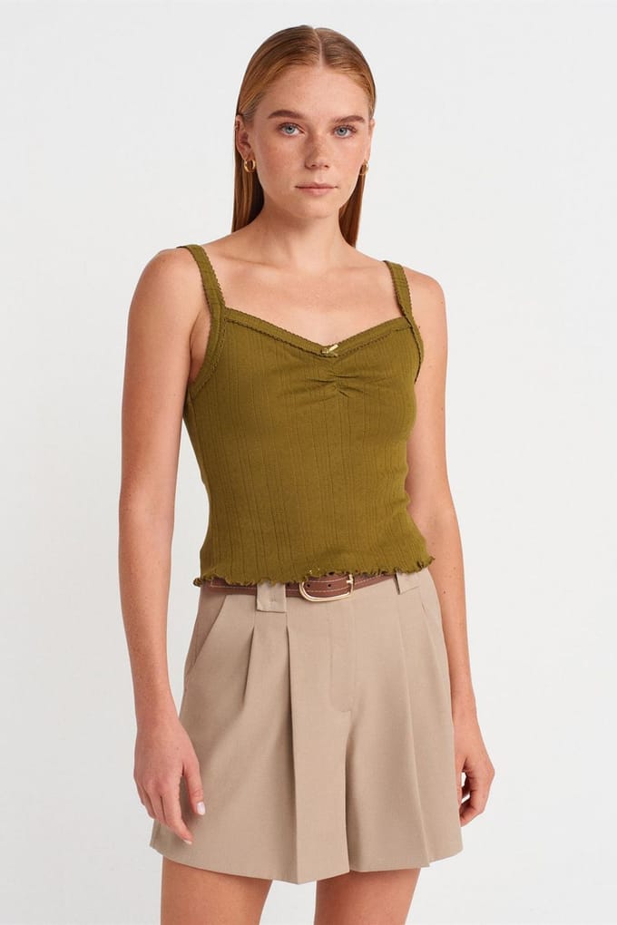 Katoenen Geribbelde Vierkante Hals Cami Blouse