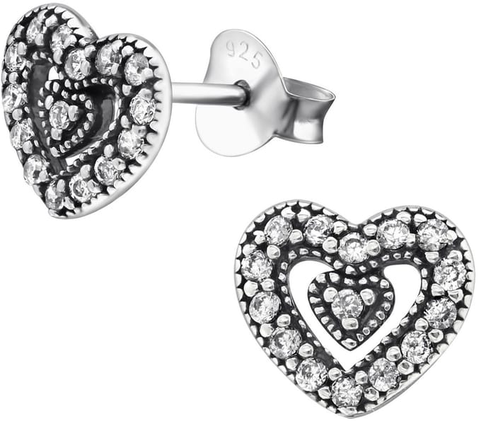 Joy|S - Zilveren hartjes oorbellen - 8 mm - zirkonia - geoxideerd