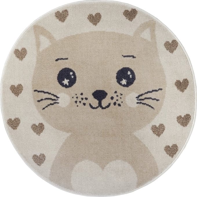 Flycarpets Adventures Kinderkleed Rond vloerkleed -Kat - Crème / Beige - 140x140 cm