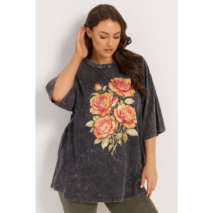 Yours Grijs Boxy Tshirt Met Rozenprint Size 50-52