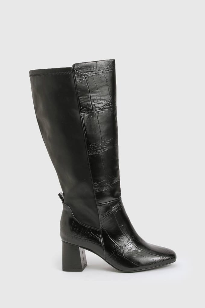 boohoo Dames Brede pasvorm stretch kniehoge flared boots met blokhakken | Black Croc | Maat: 3