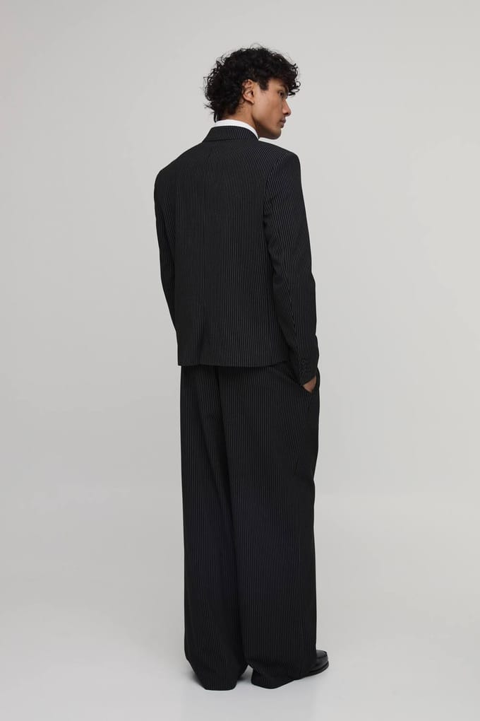 Gestreepte Wijde Pijpen Plooivoorkant Gesneden Pantalon | Black | Size 32