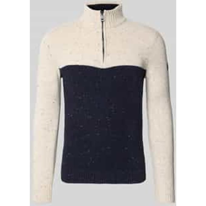 Tom Tailor - Troyer gebreide trui met mix van structuren - Maat M - offwhite navy color block