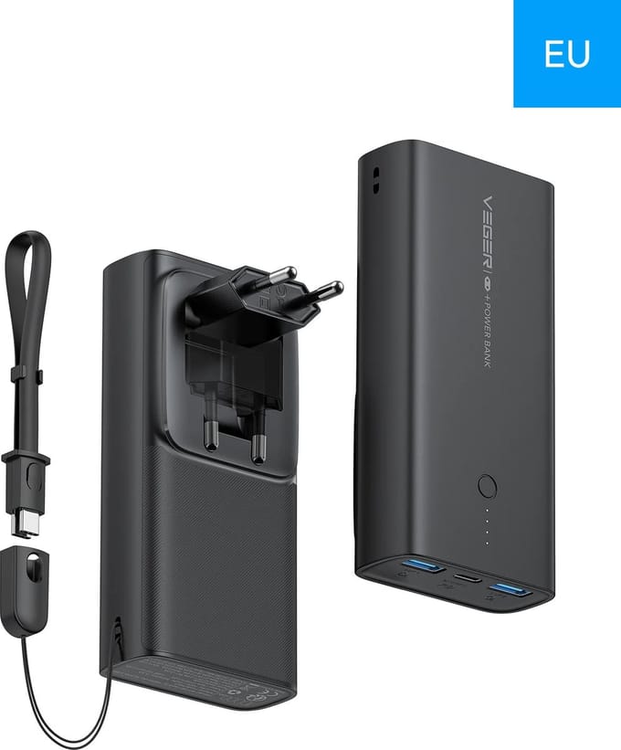 Veger (ACE100) Fast Charging Powerbank Folding EU-Plug - 10.000mAh - Black