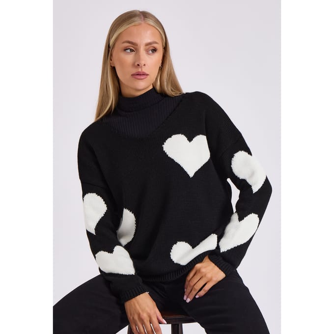 Zwarte oversized hartgebreide trui met V-hals