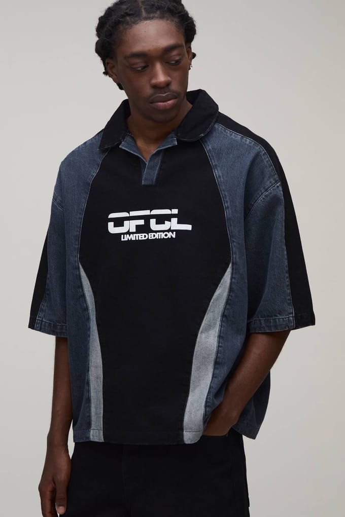 Panelled OFCL Embroidered Denim Football Shirt | Washed Black | Size Medium