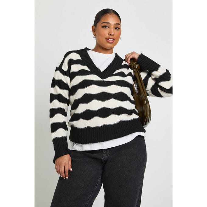 boohoo Dames V-hals gestreepte oversized gebreide trui | Black | Maat: 20
