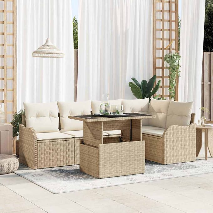vidaXL Tuinbank Set met kussen met kussen 6 pcs Beige Poly Riet