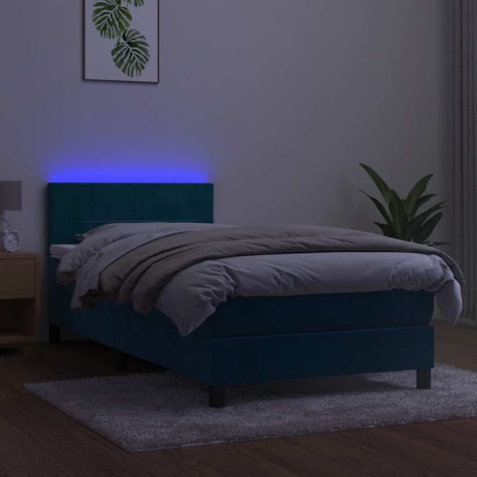 vidaXL - Boxspring - met - matras - en - LED - fluweel - donkerblauw - 100x200 - cm