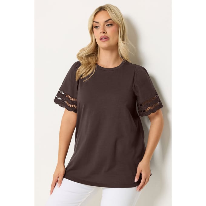 Yours Bruin Tshirt Met Engels Kantwerk En Engelenmouwen Size 44