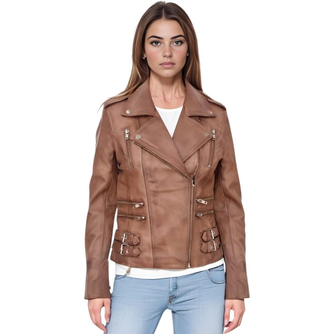 Dames leren bruinbruine Brando bikerjack - Constantia