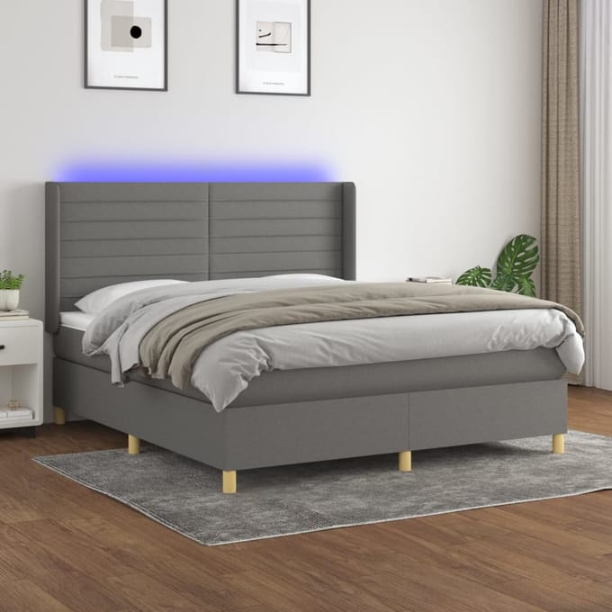 vidaXL - Boxspring - met - matras - en - LED - stof - donkergrijs - 160x200 - cm