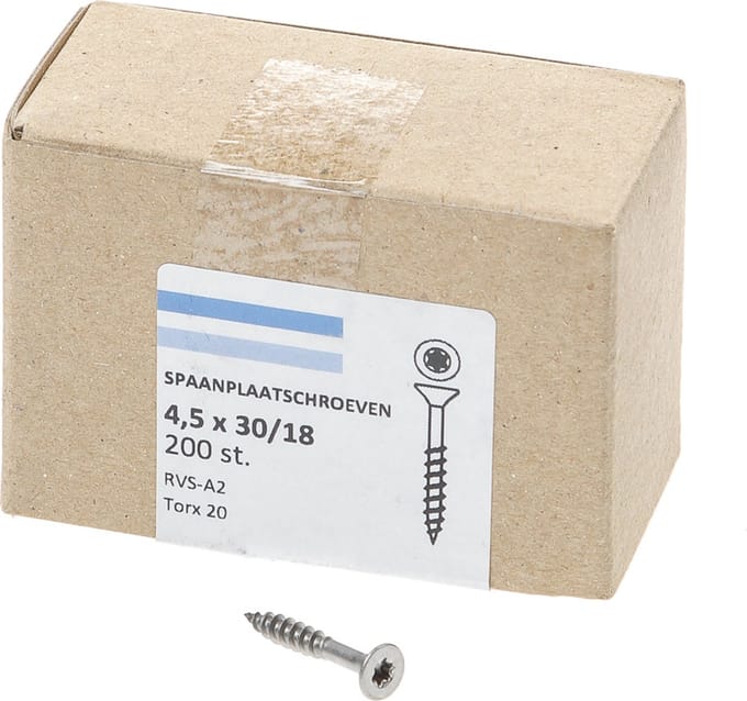 Hoenderdaal Spaanplaatschroef RVS platverzonken kop TX20 deeldraad 4.5X30/18 (per 200 stuks)