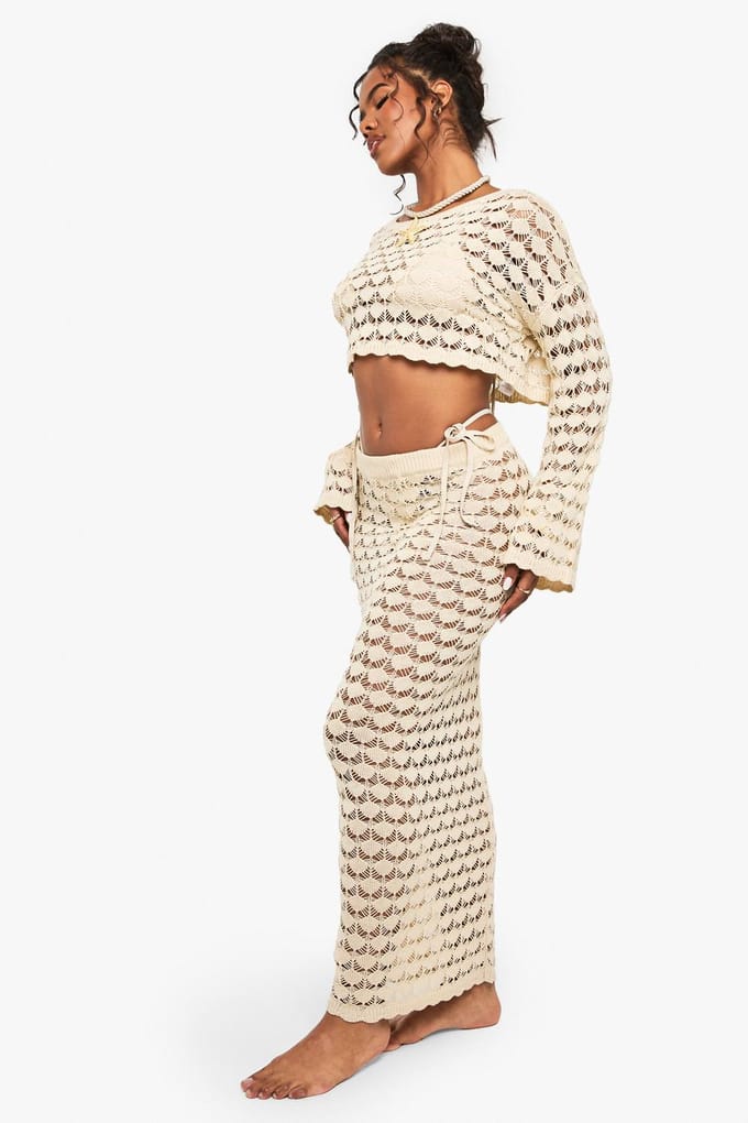 boohoo Dames Crochet Beach Maxi Skirt | Steen | Maat: Medium