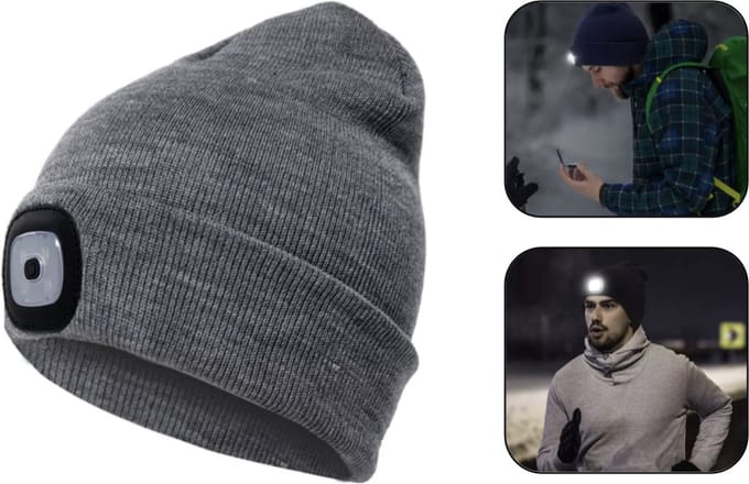 PD® - Muts met Ledverlichting - Muts met LED - Grijs - Muts met Lampje - Muts voor Hardlopen - Wintermuts Heren - Wintermuts Vrouwen