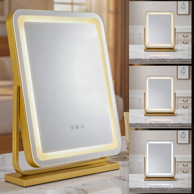 Make-upspiegel met verlichting - Kaptafel spiegel - Ideaal voor make-up - Instelbare helderheid - 47 x 40 cm - Goud