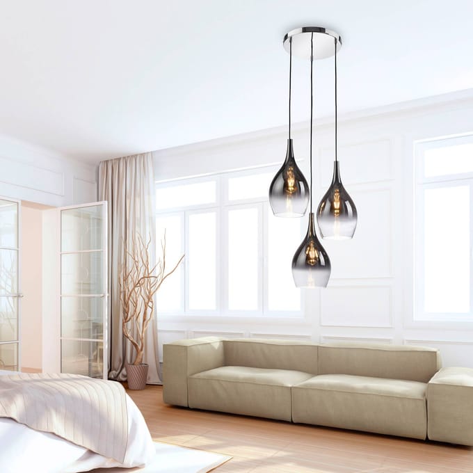 Paul Neuhaus hanglamp Pilua, rookgrijs, glas, 30cm, 3-lamps.