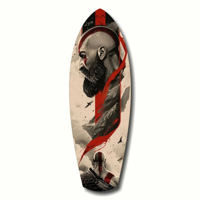 Glasschilderij in Surfplank Vorm – Kratos – 90x30 cm