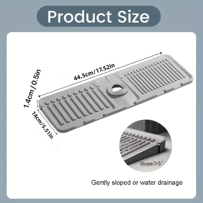 Tapis d'évier en silicone pour évier de cuisine, protection anti-éclaboussures d'évier à 5°, tapis d'égouttage incliné pour robinets, accessoires d'évier et de salle de bain grise