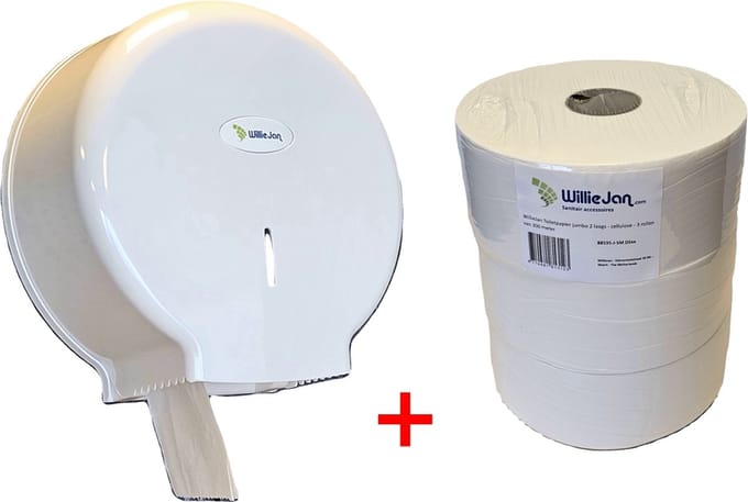 WillieJan startset Jumbo Toiletpapier – Jumborol houder + 3 x 300 meter toiletpapier