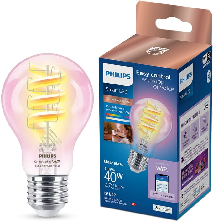 Philips Smart Lighting - LED-filamentlamp - E27 fitting - RGB - Gekleurd en instelbaar wit licht - Dimbaar - 40W - Standaard lampvorm: A60 - Helder glas - Wifi