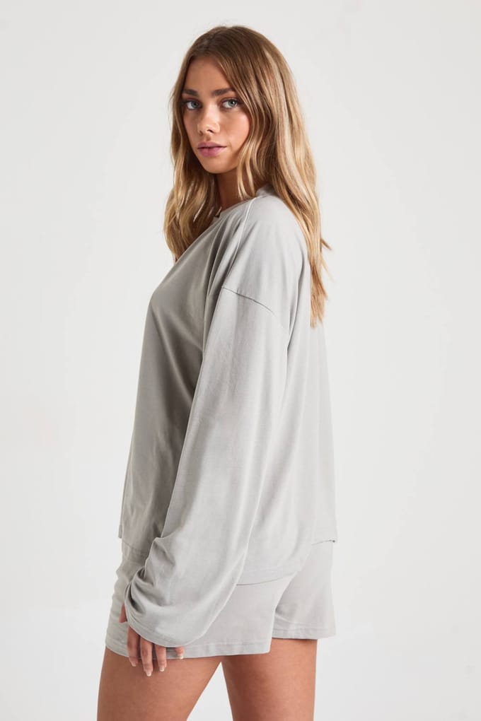 boohoo Dames Modal Oversized Lange Mouw Top & Shorts Pyjama Set | Grey | Maat: 8