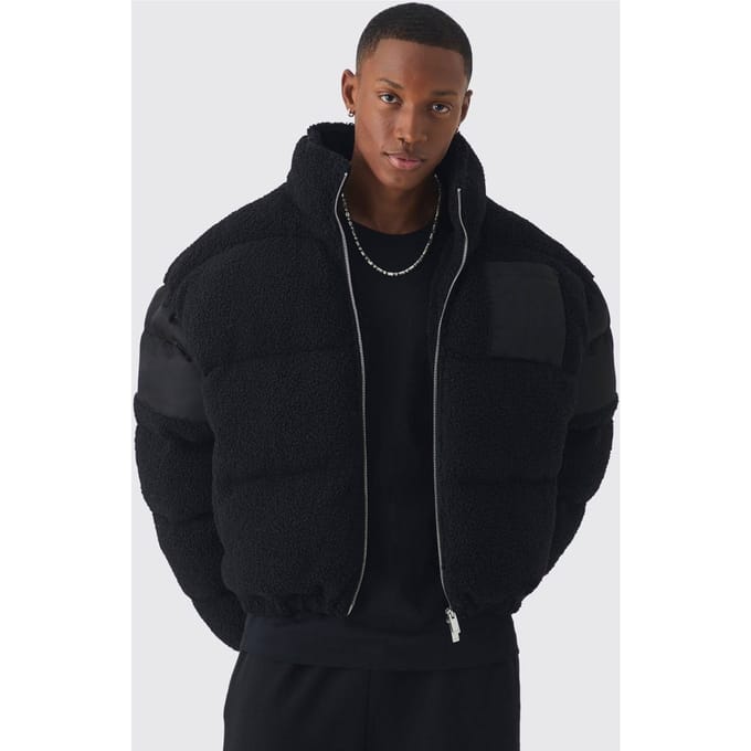 Borg & Nylon Trechterkraag Puffer in Zwart | Black | Size Medium