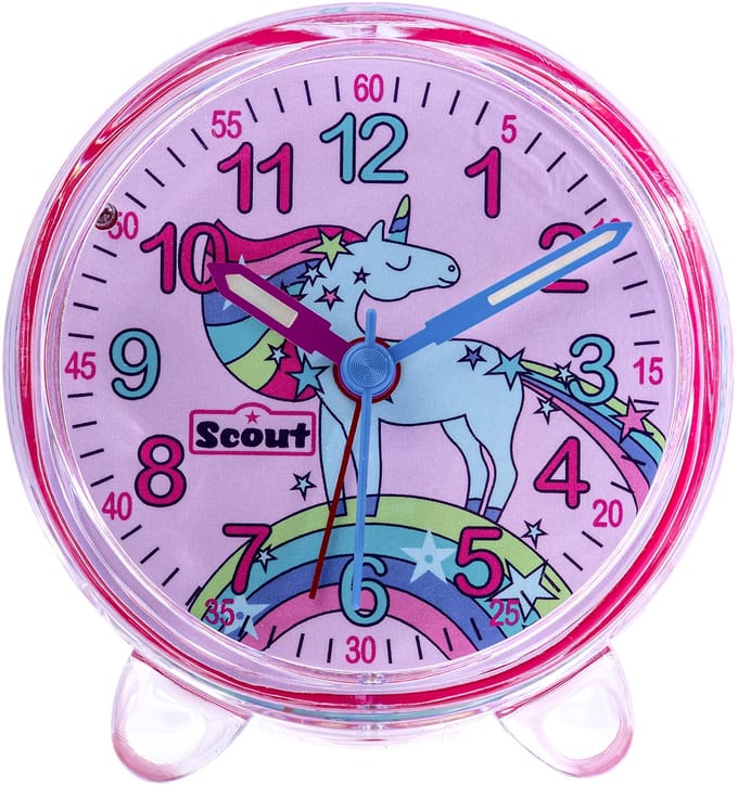 Scout Wecker analog mit pinkem Gehäuse Serie "Unicorn" mit Lernziffernblatt und Einhorn-Motiv