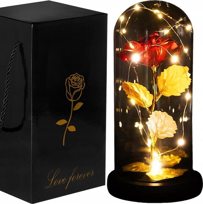 Springos Roos - Valentijn - Rozen - LED - 22 cm - Rood/Goud/Zwart - Warm wit