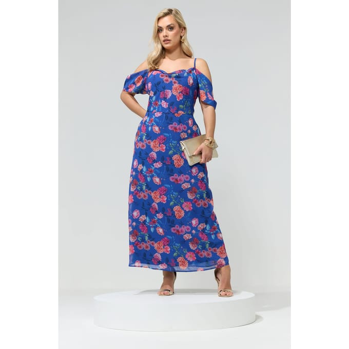 Yours London Blauwe Bloemenjurk Met Open Schouders Size 42