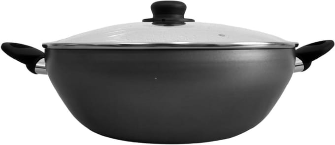 Aluminium wokpan - Grote koekenpan - Aziatisch koken - Dubbele handgrepen - 32 cm - Grijs