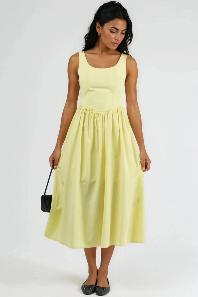 Vierkante Hals Midi Jurk met Strikdetail