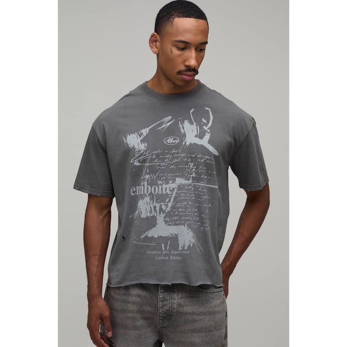 Oversized Boxy Distressed Grunge Print Vintage Washed T-shirt | Washed Charcoal | Size Small