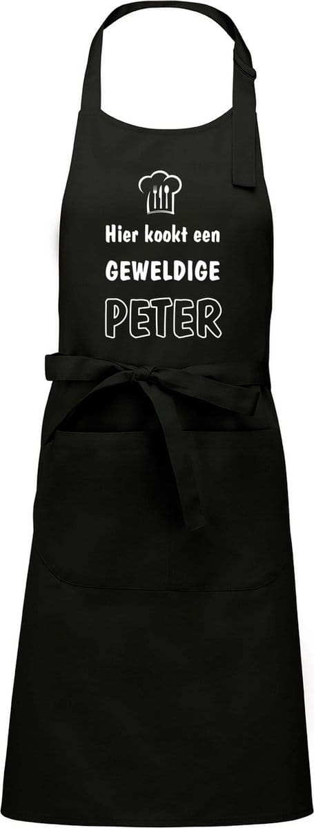mijncadeautje - luxe schort - hier kookt een geweldige peter - zwart - opdruk wit