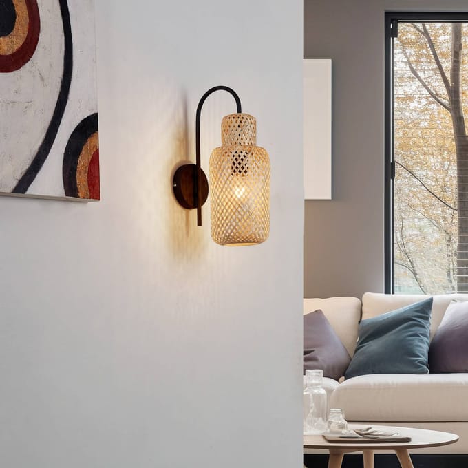 Lindby - Wandlampen - 1licht - Bamboe, plastic - H: 43.42 cm - E27 - licht hout, zwart