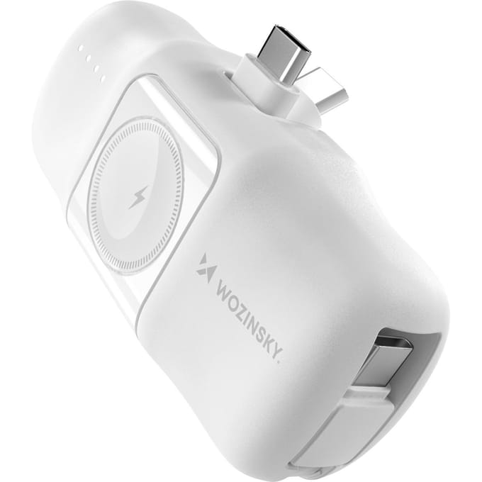 Wozinsky WF16-YCS 5000mAh 15W USB-C Mini Power Bank with Built-in USB-C Cable and Apple Watch Charger - White - 5000 mAh