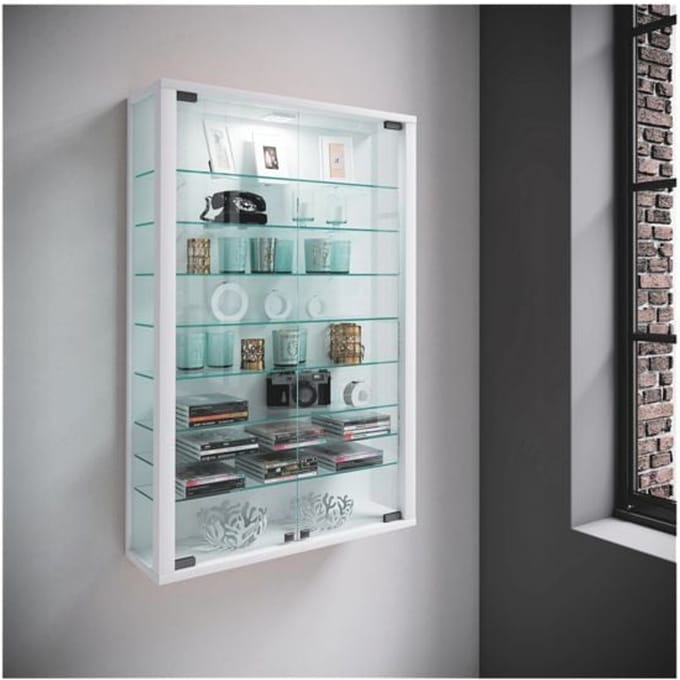 Vitrosa Mini wandkast, met LED verlichting, 8 legplanken, 2 draaideuren, B 590 x D 180 x H 910 mm, glas & hout, wit