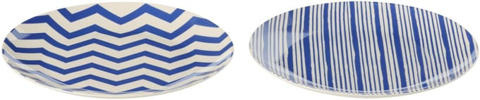 J-Line bord Dessert Gestreept - porselein - blauw/wit - small - set van 2