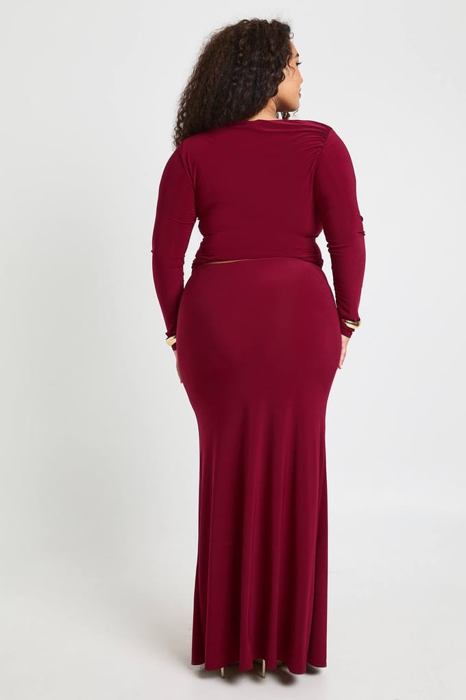boohoo Dames Plus Draperie Detail Kolom Maxi Rok | Bessen | Maat: 50