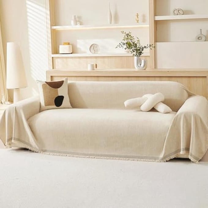 100% Chenille Natural Sofa Large Throw - Extra Large Luxury Soft Blanket for Couch, Chair, or Bed, Cream Beige - 180x230CM