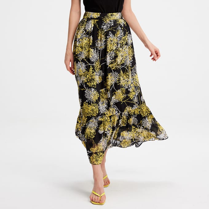 Lange rok met lineaire print en ruches