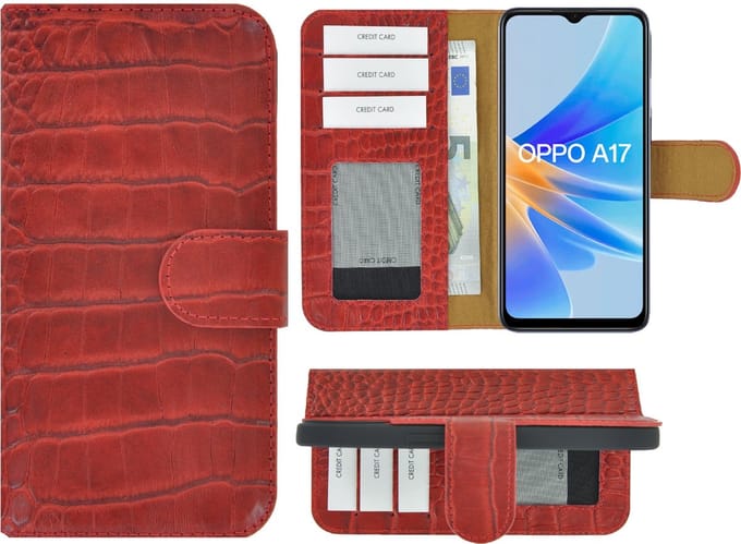 MoDo hoesje Geschikt voor Oppo A17/ A17k - Echt Leer Book Case - Croco Rood