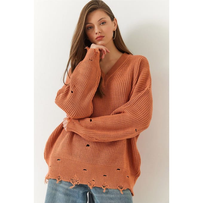 Oversized V-hals Versleten Breipullover