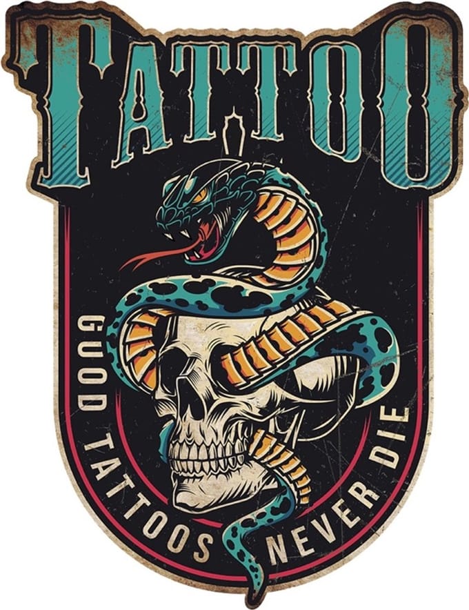 Signs USA - retro wandbord - dibond - Tattoos Never Die - 40 x 52 cm